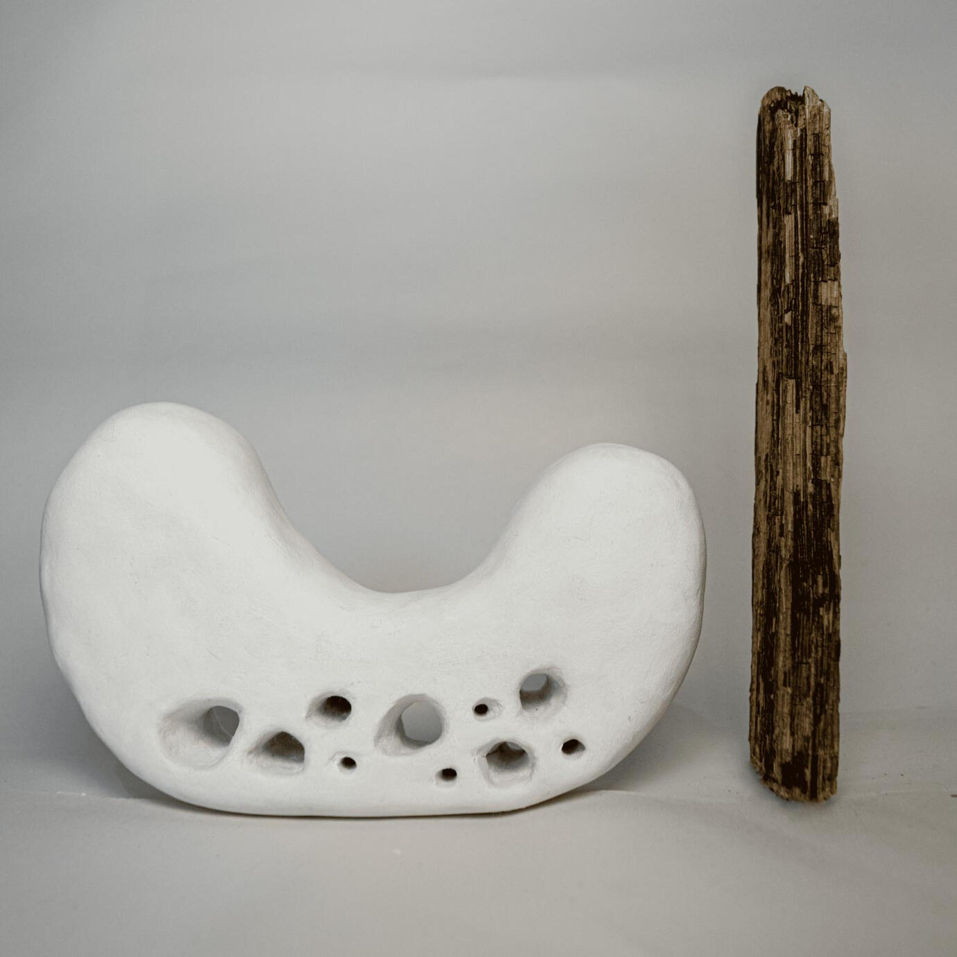 A white clay bean-like shape with a cluster of holes through the lower part. To the right is a piece of flaky looking brown wood standing vertically.