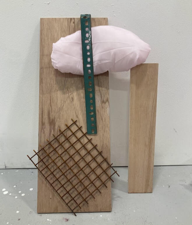 untitled (balancing) [2025] Found objects, wood, fabric, polyester stuffing