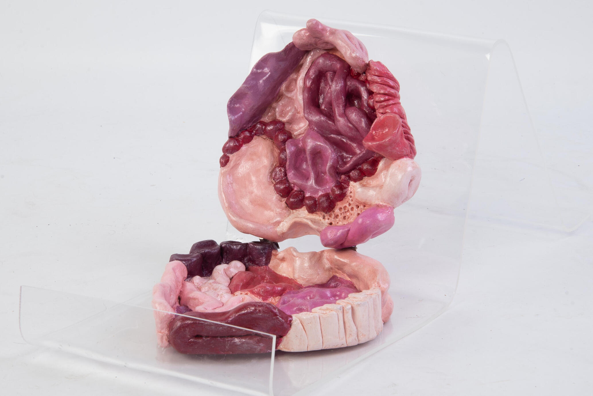 A heart shaped box made from organ-like forms in clay in pink and purple tones, finished with a shimmery varnish creating a wet look.