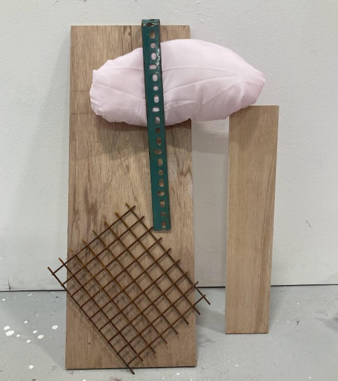 untitled (balancing) [2025] Found objects, wood, fabric, polyester stuffing