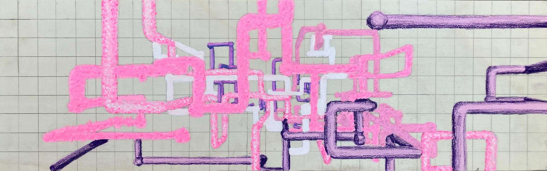 3D pipes screensaver [2025] Acrylic paint, clay, PVA, wax crayon, graphite on board