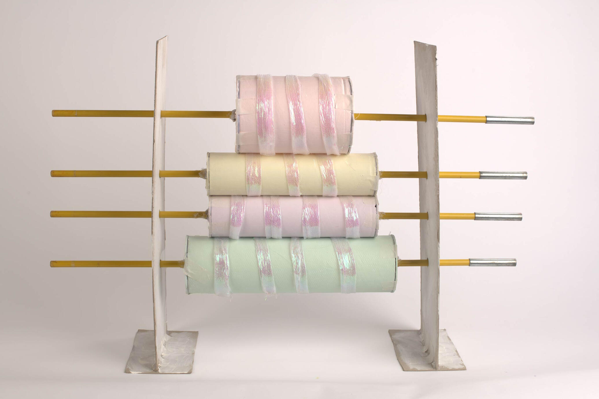 contraption/appliance [2025] Greyboard, acrylic paint, found materials, fabric