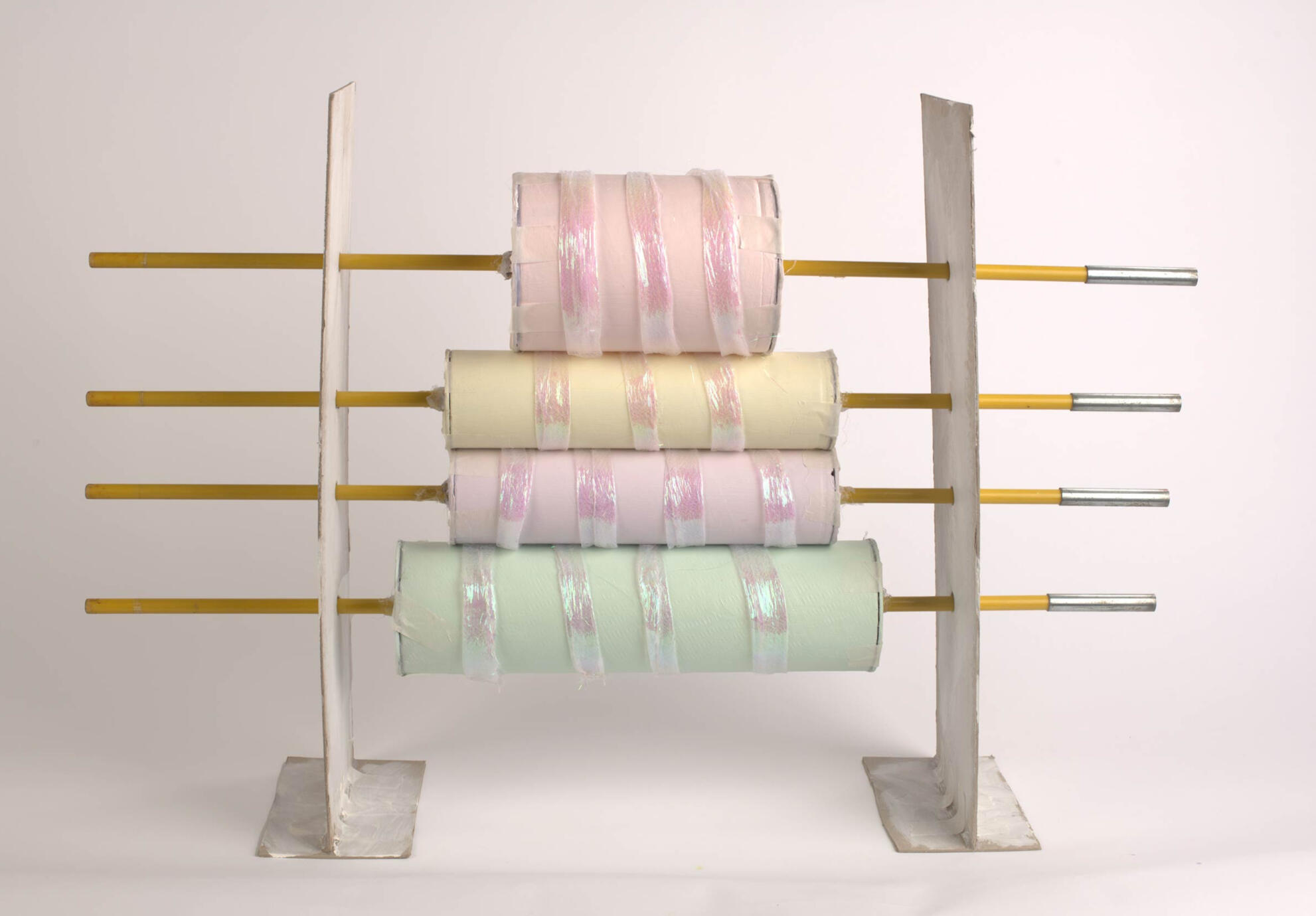 contraption/appliance [2025] Greyboard, acrylic paint, found materials, fabric