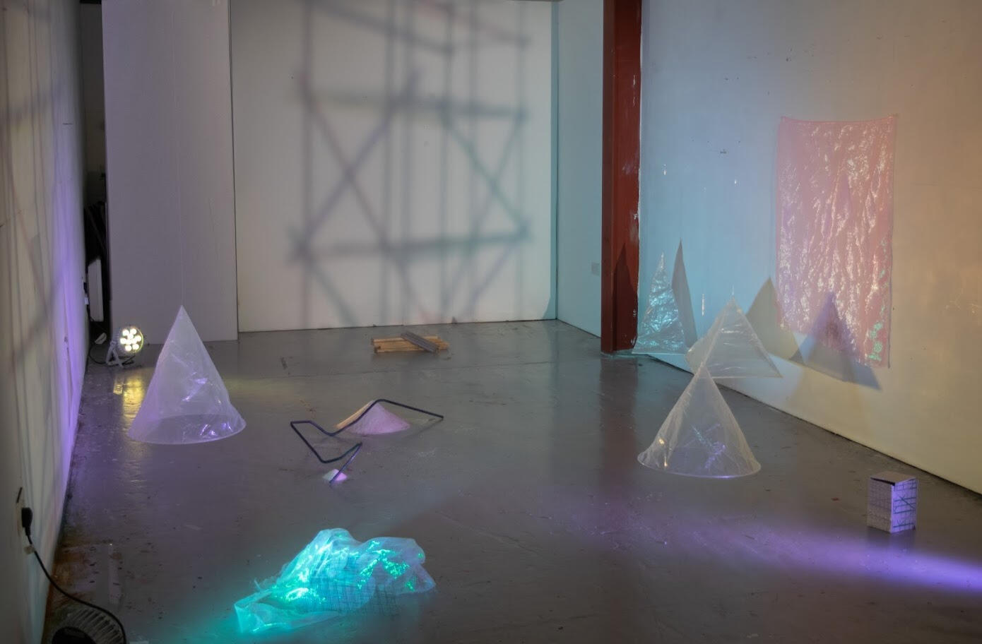untitled (transient objects) [2026] Installation - light, soundscape, found materials, pink salt, steel, acrylic, ceramic